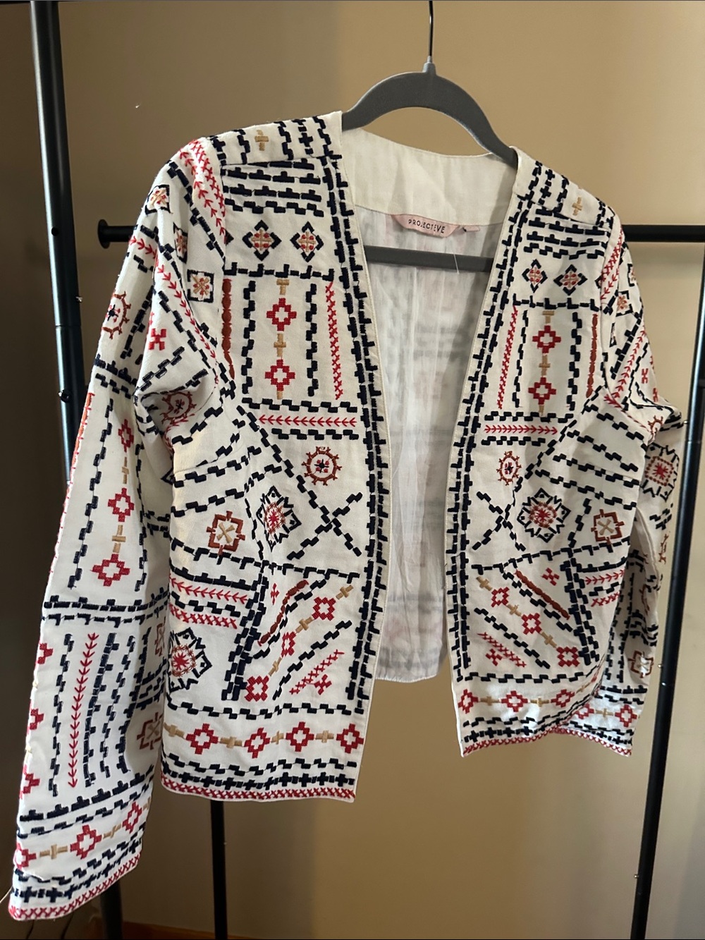 Project E White Embroidered Open-Front Jacket with Red & Navy Accents
